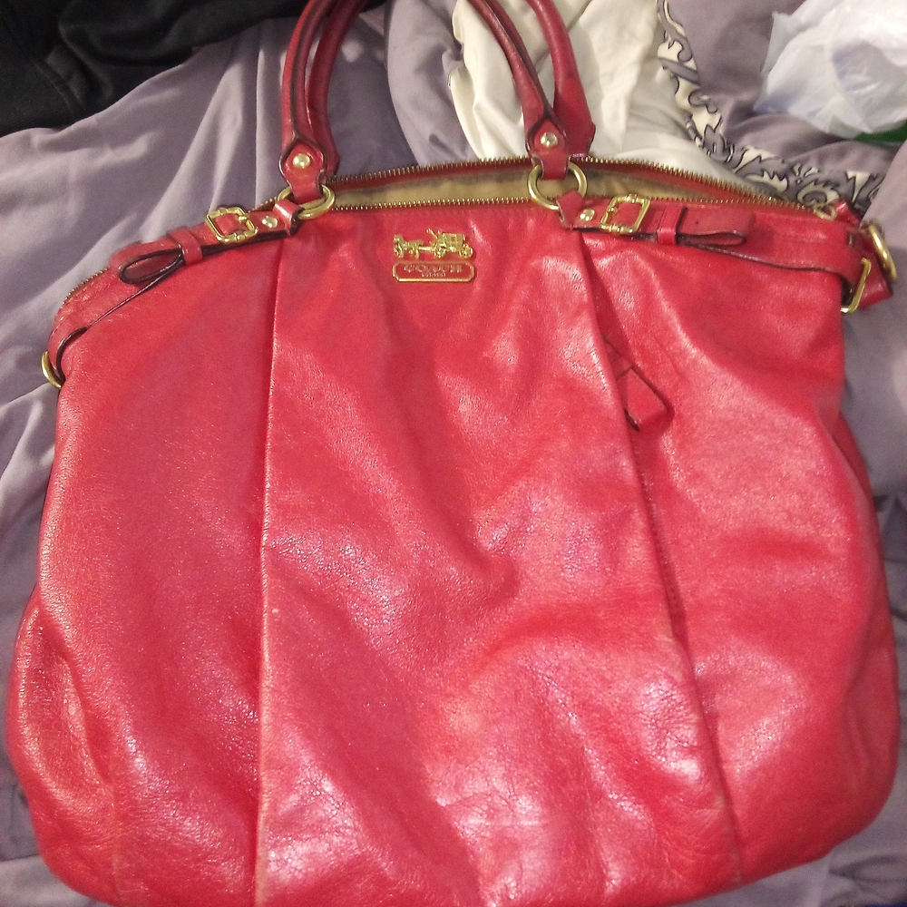 Coach Red Leather Shoulder Bag with Gold Accents